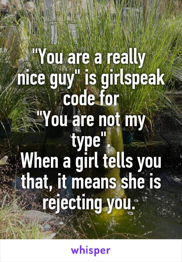 "You are a really 
nice guy" is girlspeak code for
"You are not my type".
When a girl tells you that, it means she is rejecting you. 