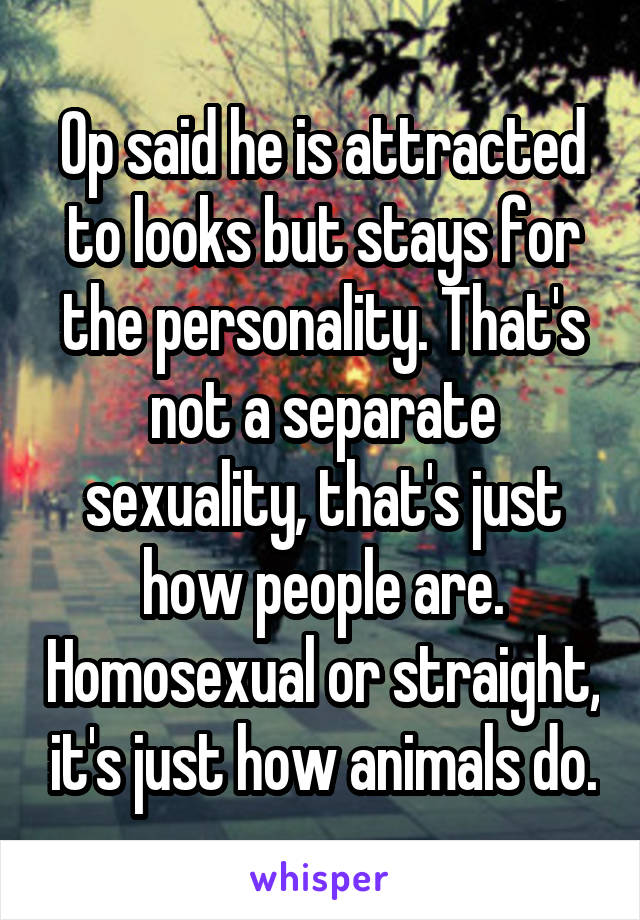 Op said he is attracted to looks but stays for the personality. That's not a separate sexuality, that's just how people are. Homosexual or straight, it's just how animals do.