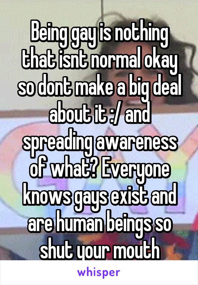Being gay is nothing that isnt normal okay so dont make a big deal about it :/ and spreading awareness of what? Everyone knows gays exist and are human beings so shut your mouth