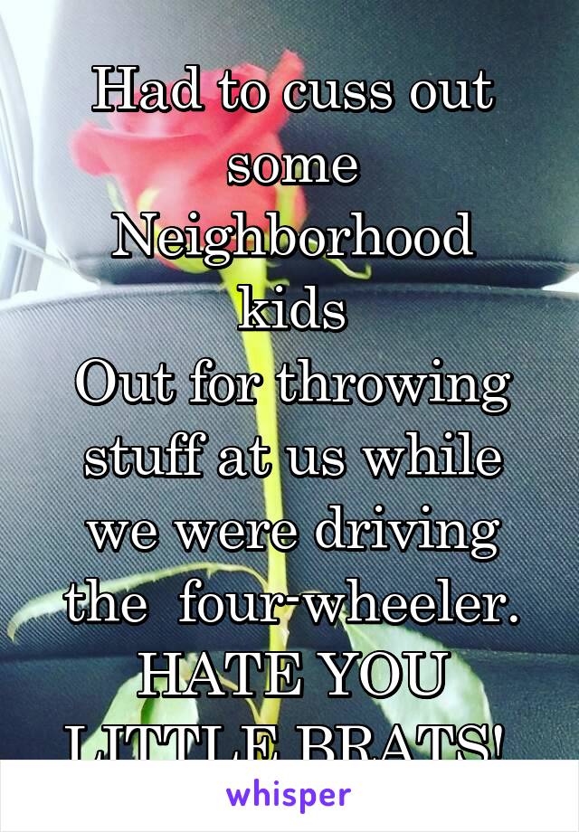 Had to cuss out some
Neighborhood kids
Out for throwing stuff at us while we were driving the  four-wheeler.
HATE YOU LITTLE BRATS! 