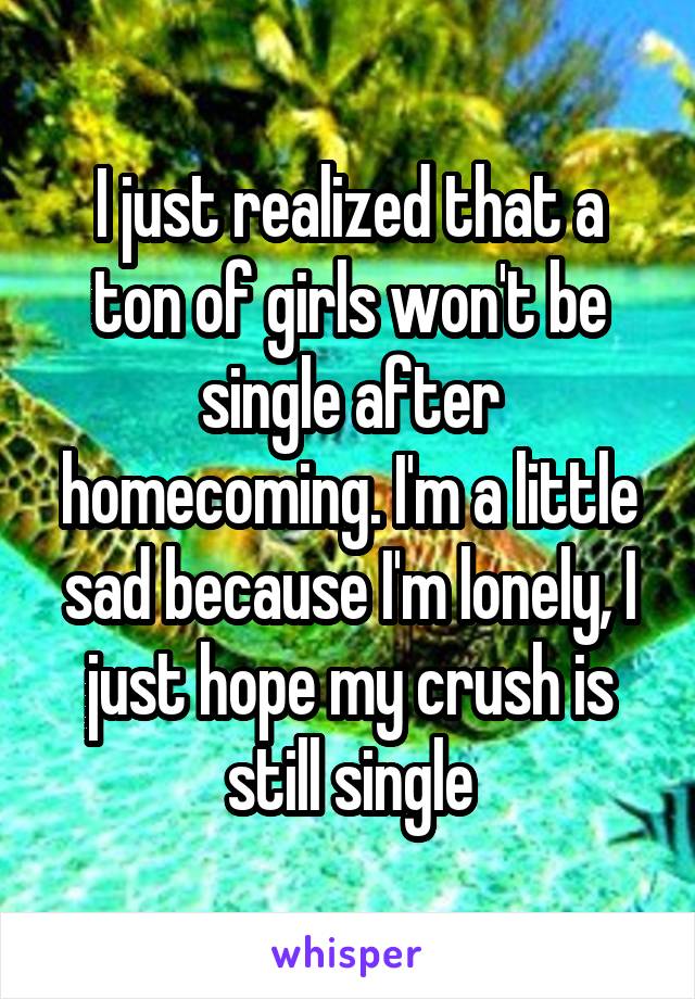 I just realized that a ton of girls won't be single after homecoming. I'm a little sad because I'm lonely, I just hope my crush is still single