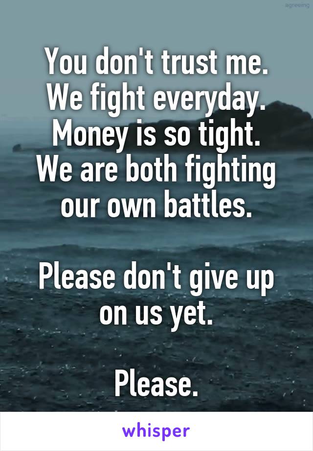 You don't trust me.
We fight everyday.
Money is so tight.
We are both fighting our own battles.

Please don't give up on us yet.

Please.