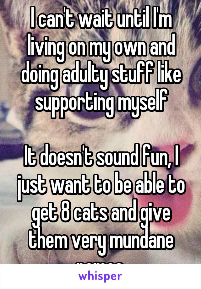 I can't wait until I'm living on my own and doing adulty stuff like supporting myself

It doesn't sound fun, I just want to be able to get 8 cats and give them very mundane names.