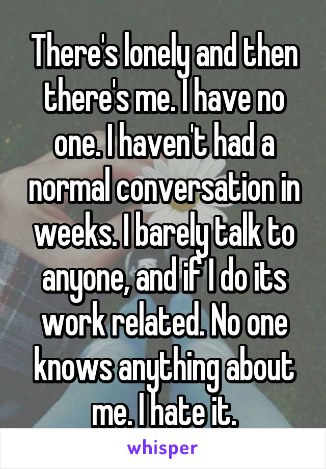 There's lonely and then there's me. I have no one. I haven't had a normal conversation in weeks. I barely talk to anyone, and if I do its work related. No one knows anything about me. I hate it.