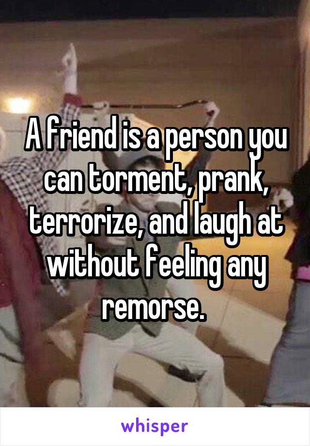 A friend is a person you can torment, prank, terrorize, and laugh at without feeling any remorse. 