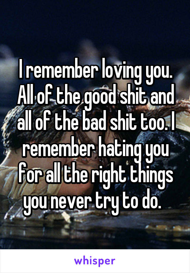 I remember loving you. All of the good shit and all of the bad shit too. I remember hating you for all the right things you never try to do.  