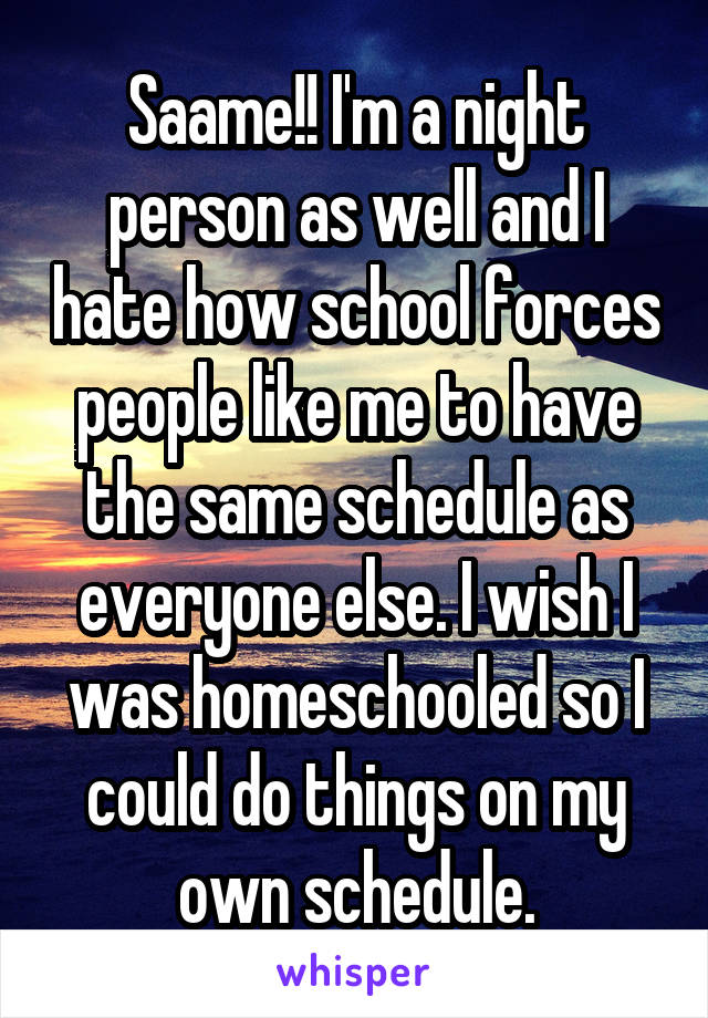 Saame!! I'm a night person as well and I hate how school forces people like me to have the same schedule as everyone else. I wish I was homeschooled so I could do things on my own schedule.