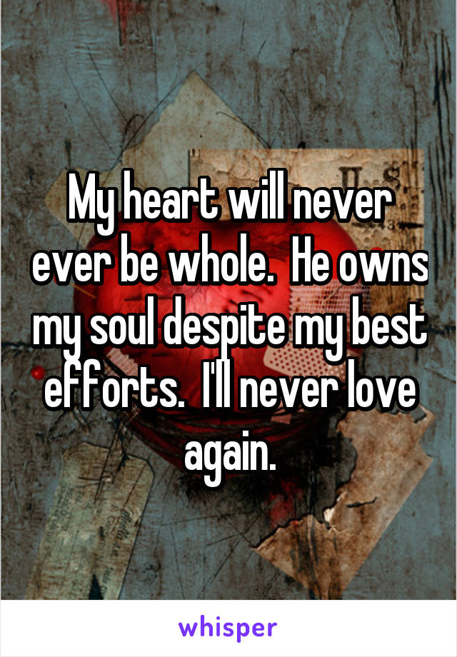 My heart will never ever be whole.  He owns my soul despite my best efforts.  I'll never love again.