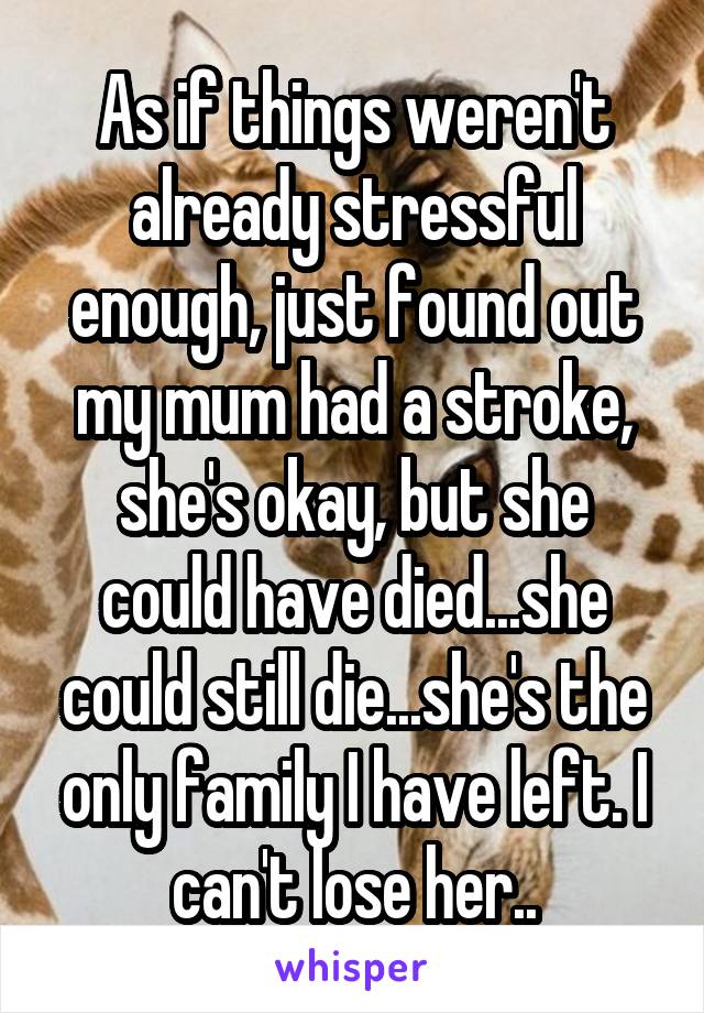 As if things weren't already stressful enough, just found out my mum had a stroke, she's okay, but she could have died...she could still die...she's the only family I have left. I can't lose her..