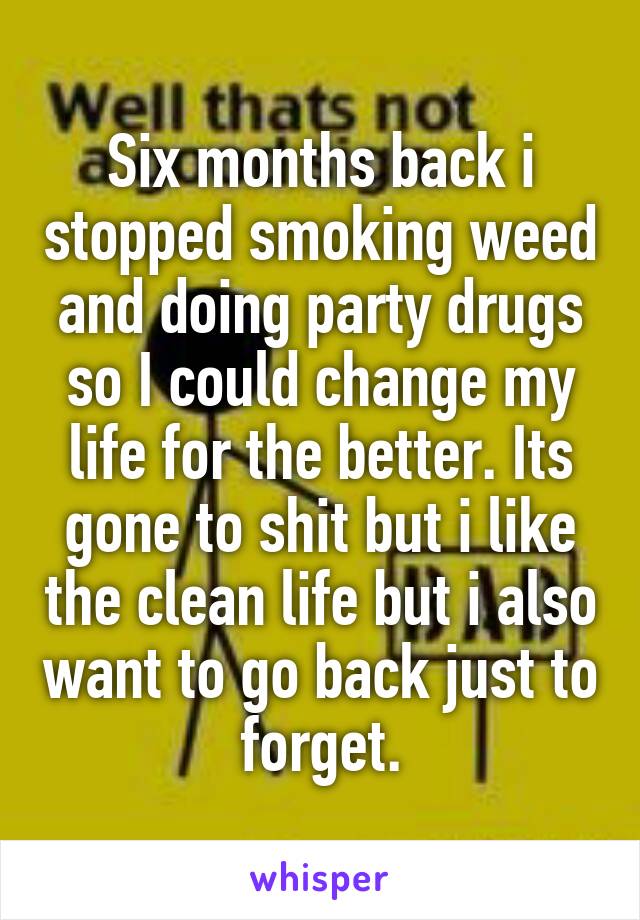 Six months back i stopped smoking weed and doing party drugs so I could change my life for the better. Its gone to shit but i like the clean life but i also want to go back just to forget.