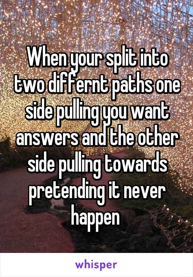When your split into two differnt paths one side pulling you want answers and the other side pulling towards pretending it never happen 