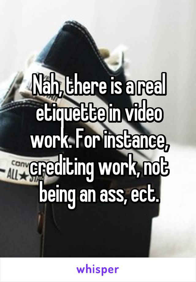Nah, there is a real etiquette in video work. For instance, crediting work, not being an ass, ect.