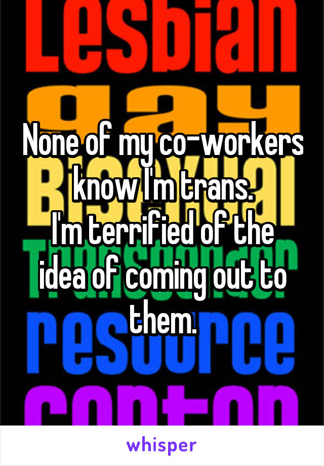 None of my co-workers know I'm trans.
I'm terrified of the idea of coming out to them.