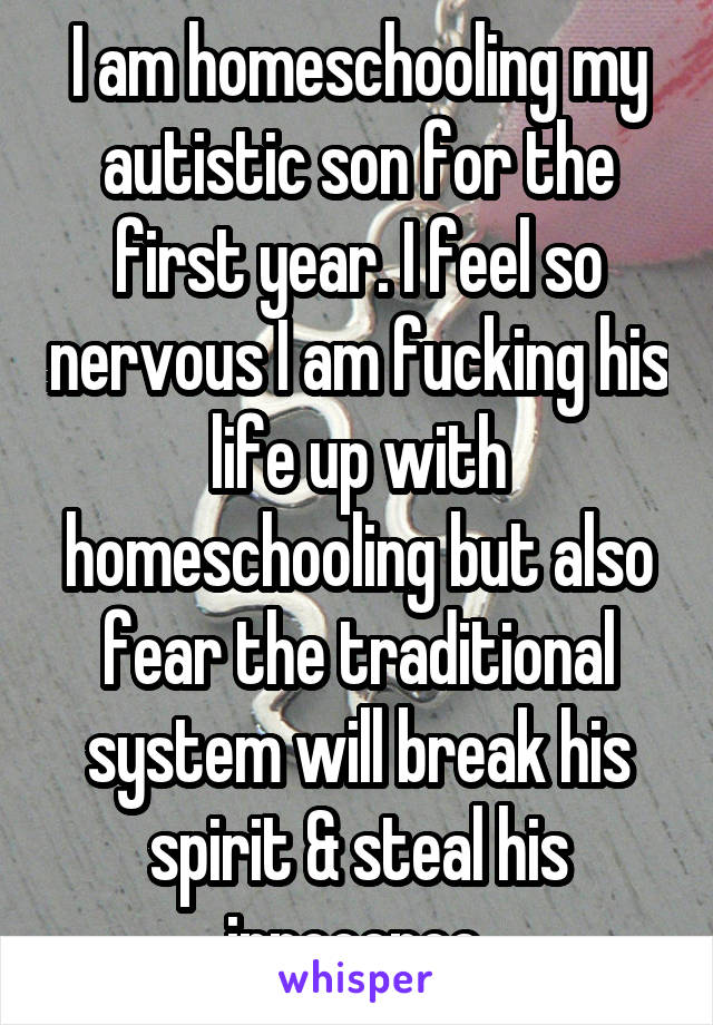 I am homeschooling my autistic son for the first year. I feel so nervous I am fucking his life up with homeschooling but also fear the traditional system will break his spirit & steal his innocence.