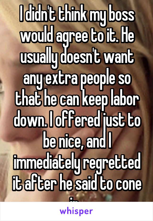 I didn't think my boss would agree to it. He usually doesn't want any extra people so that he can keep labor down. I offered just to be nice, and I immediately regretted it after he said to cone in. 