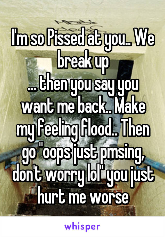 I'm so Pissed at you.. We break up
... then you say you want me back.. Make my feeling flood.. Then go "oops just pmsing, don't worry lol" you just hurt me worse