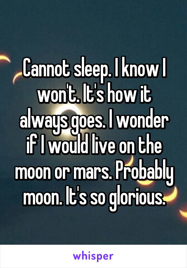 Cannot sleep. I know I won't. It's how it always goes. I wonder if I would live on the moon or mars. Probably moon. It's so glorious.