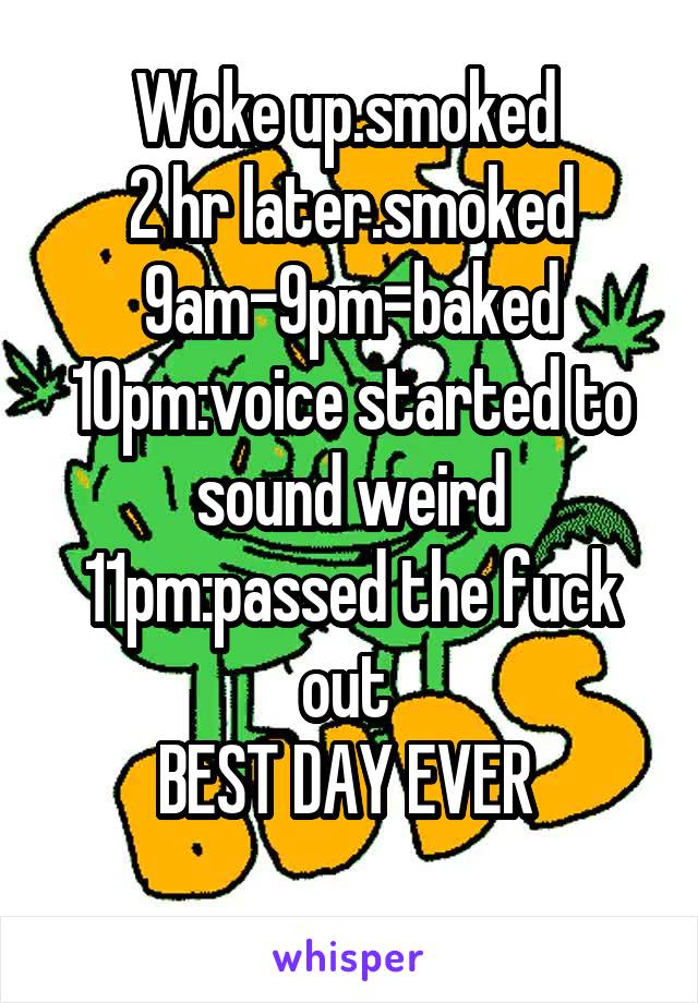 Woke up.smoked 
2 hr later.smoked
9am-9pm=baked
10pm:voice started to sound weird 11pm:passed the fuck out 
BEST DAY EVER 
