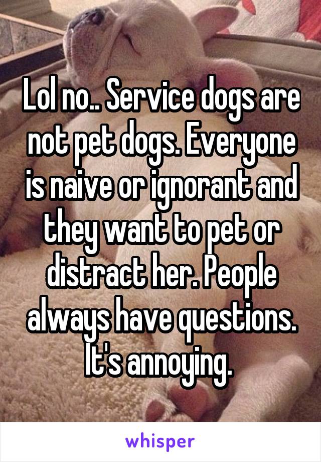 Lol no.. Service dogs are not pet dogs. Everyone is naive or ignorant and they want to pet or distract her. People always have questions. It's annoying. 