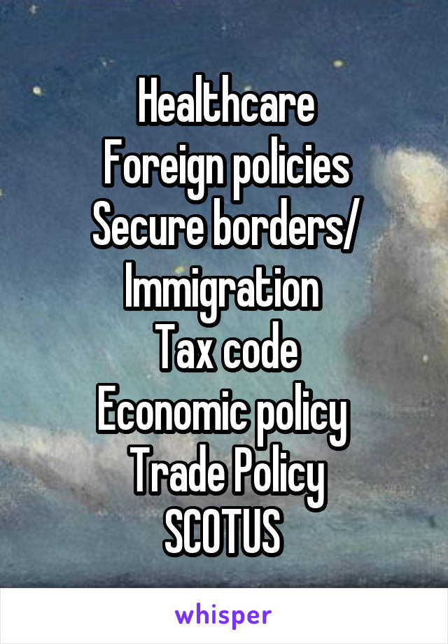Healthcare
Foreign policies
Secure borders/ Immigration 
Tax code
Economic policy 
Trade Policy
SCOTUS 