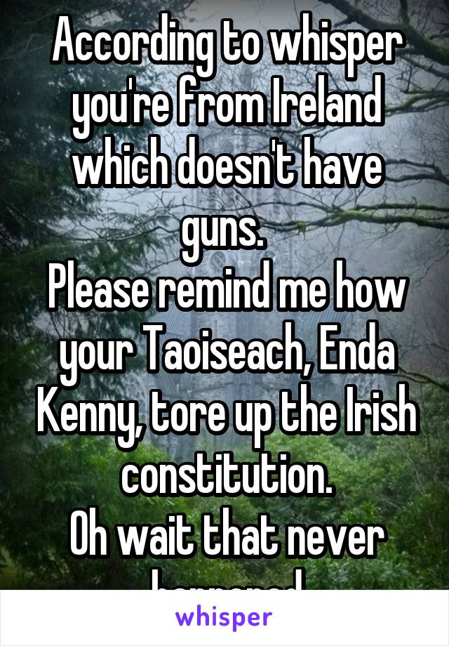 According to whisper you're from Ireland which doesn't have guns. 
Please remind me how your Taoiseach, Enda Kenny, tore up the Irish constitution.
Oh wait that never happened