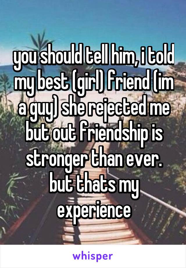 you should tell him, i told my best (girl) friend (im a guy) she rejected me but out friendship is stronger than ever. but thats my experience