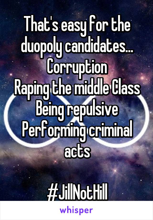 That's easy for the duopoly candidates...
Corruption
Raping the middle Class
Being repulsive
Performing criminal acts

#JillNotHill