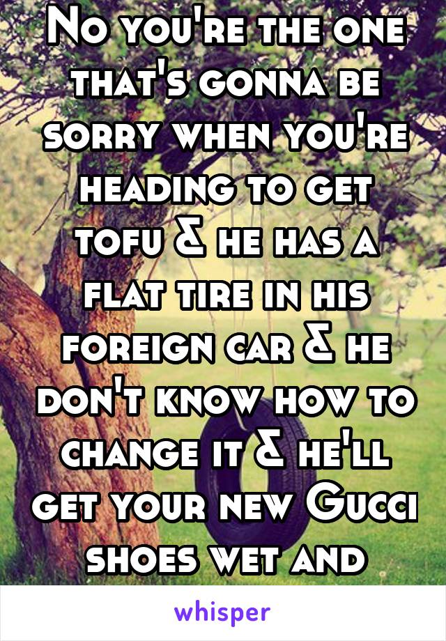 No you're the one that's gonna be sorry when you're heading to get tofu & he has a flat tire in his foreign car & he don't know how to change it & he'll get your new Gucci shoes wet and you'll be mad