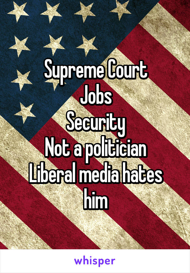 Supreme Court
Jobs
Security
Not a politician
Liberal media hates him