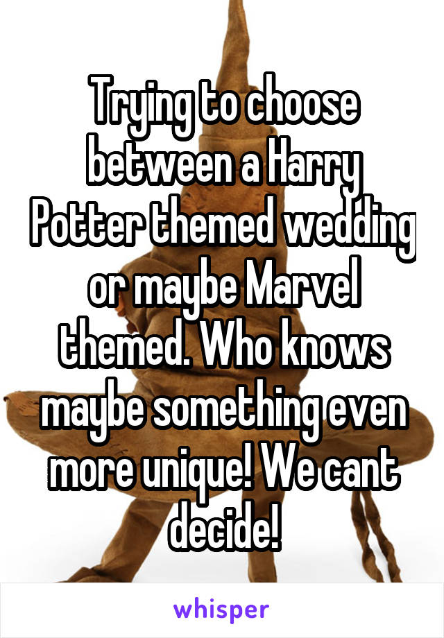 Trying to choose between a Harry Potter themed wedding or maybe Marvel themed. Who knows maybe something even more unique! We cant decide!