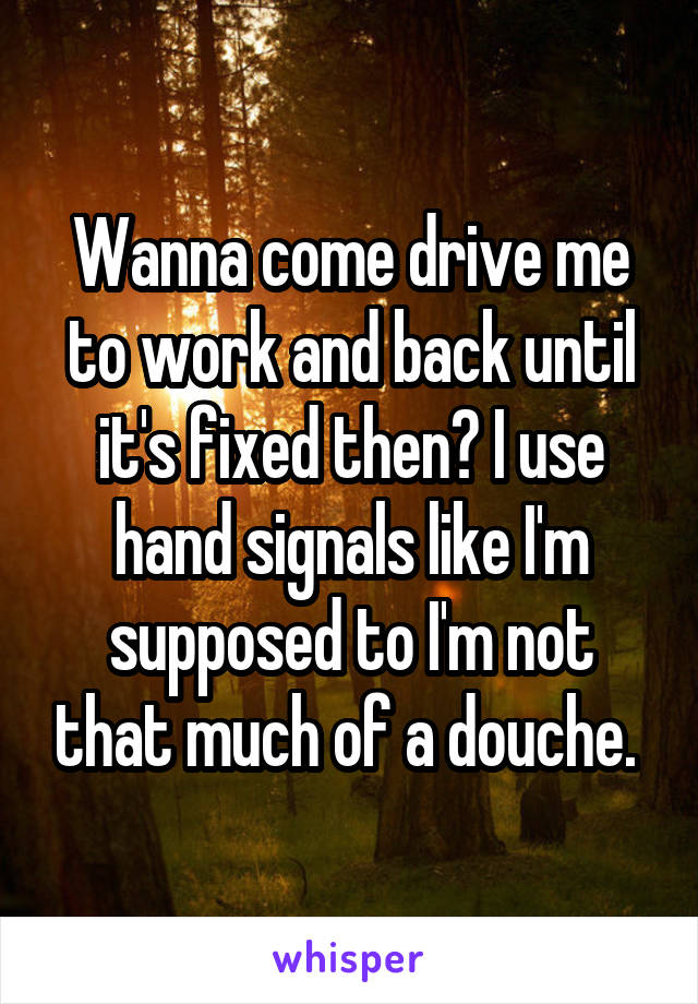 Wanna come drive me to work and back until it's fixed then? I use hand signals like I'm supposed to I'm not that much of a douche. 