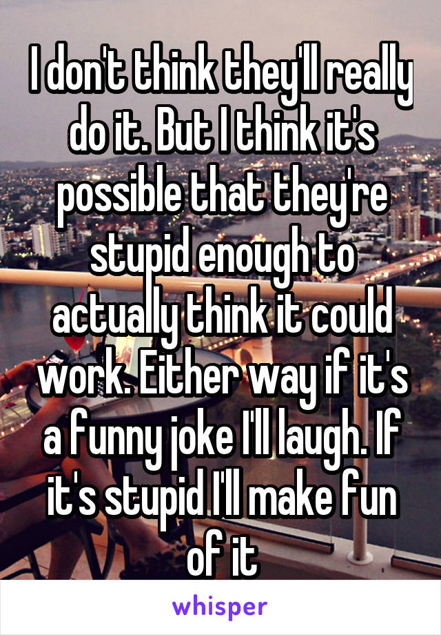 I don't think they'll really do it. But I think it's possible that they're stupid enough to actually think it could work. Either way if it's a funny joke I'll laugh. If it's stupid I'll make fun of it