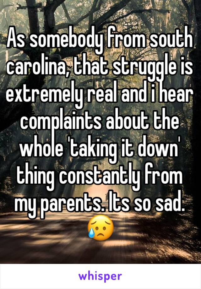 As somebody from south carolina, that struggle is extremely real and i hear complaints about the whole 'taking it down' thing constantly from my parents. Its so sad.
😥