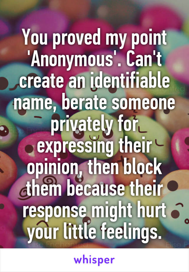 You proved my point 'Anonymous'. Can't create an identifiable name, berate someone privately for expressing their opinion, then block them because their response might hurt your little feelings.