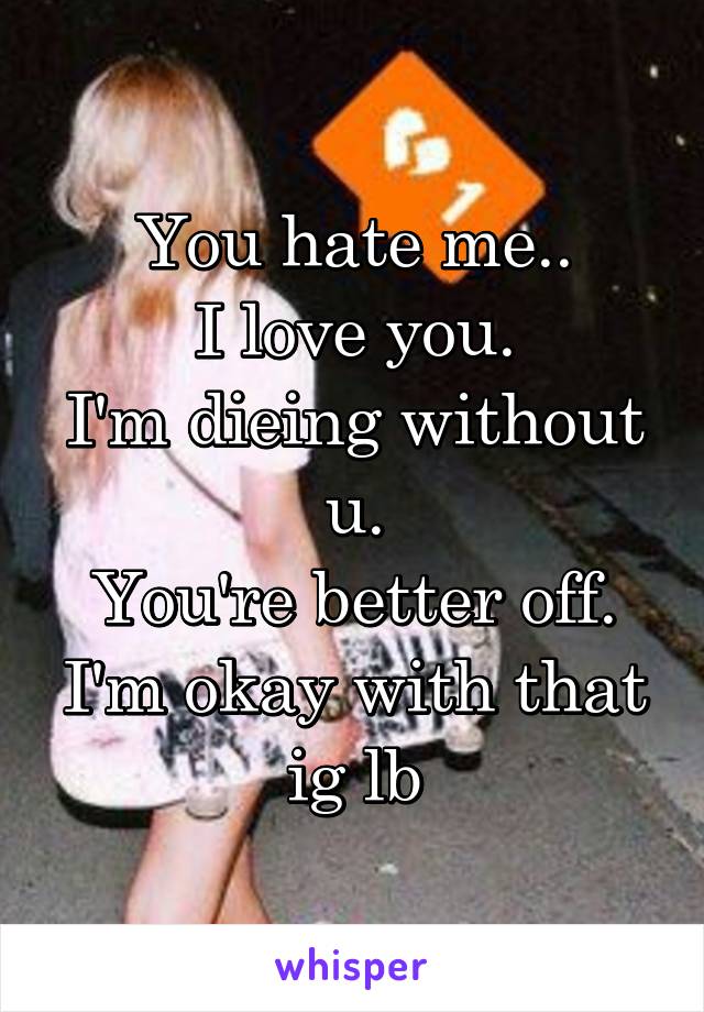 You hate me..
I love you.
I'm dieing without u.
You're better off.
I'm okay with that ig lb