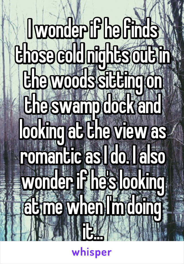 I wonder if he finds those cold nights out in the woods sitting on the swamp dock and looking at the view as romantic as I do. I also wonder if he's looking at me when I'm doing it...