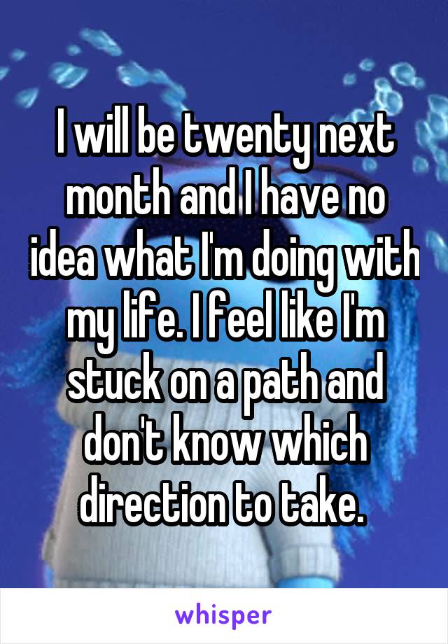 I will be twenty next month and I have no idea what I'm doing with my life. I feel like I'm stuck on a path and don't know which direction to take. 