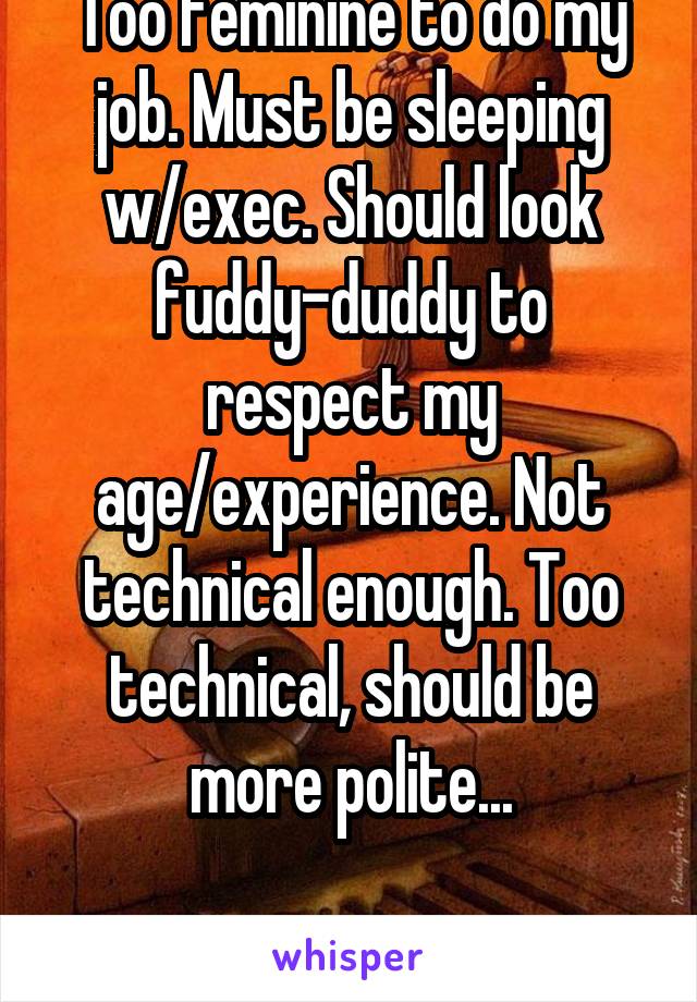 Too feminine to do my job. Must be sleeping w/exec. Should look fuddy-duddy to respect my age/experience. Not technical enough. Too technical, should be more polite...

