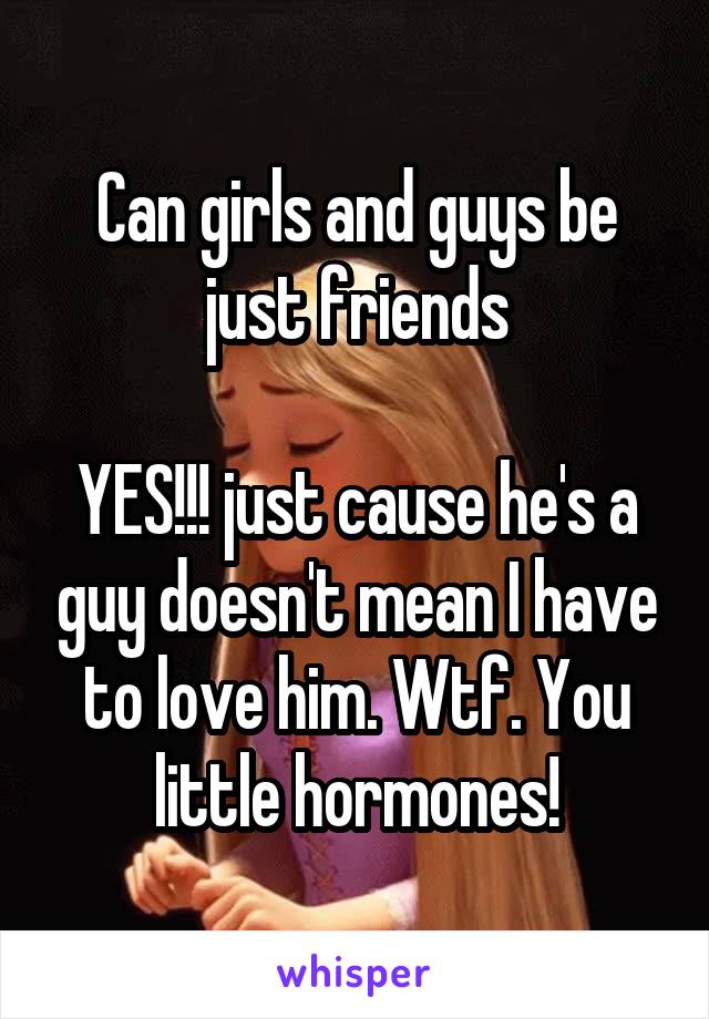 Can girls and guys be just friends

YES!!! just cause he's a guy doesn't mean I have to love him. Wtf. You little hormones!
