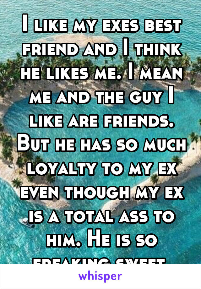 I like my exes best friend and I think he likes me. I mean me and the guy I like are friends. But he has so much loyalty to my ex even though my ex is a total ass to him. He is so freaking sweet.