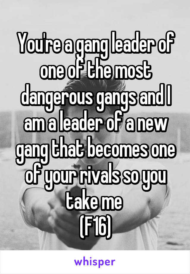 You're a gang leader of one of the most dangerous gangs and I am a leader of a new gang that becomes one of your rivals so you take me 
(F16)