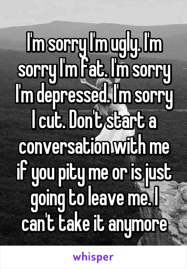 I'm sorry I'm ugly. I'm sorry I'm fat. I'm sorry I'm depressed. I'm sorry I cut. Don't start a conversation with me if you pity me or is just going to leave me. I can't take it anymore
