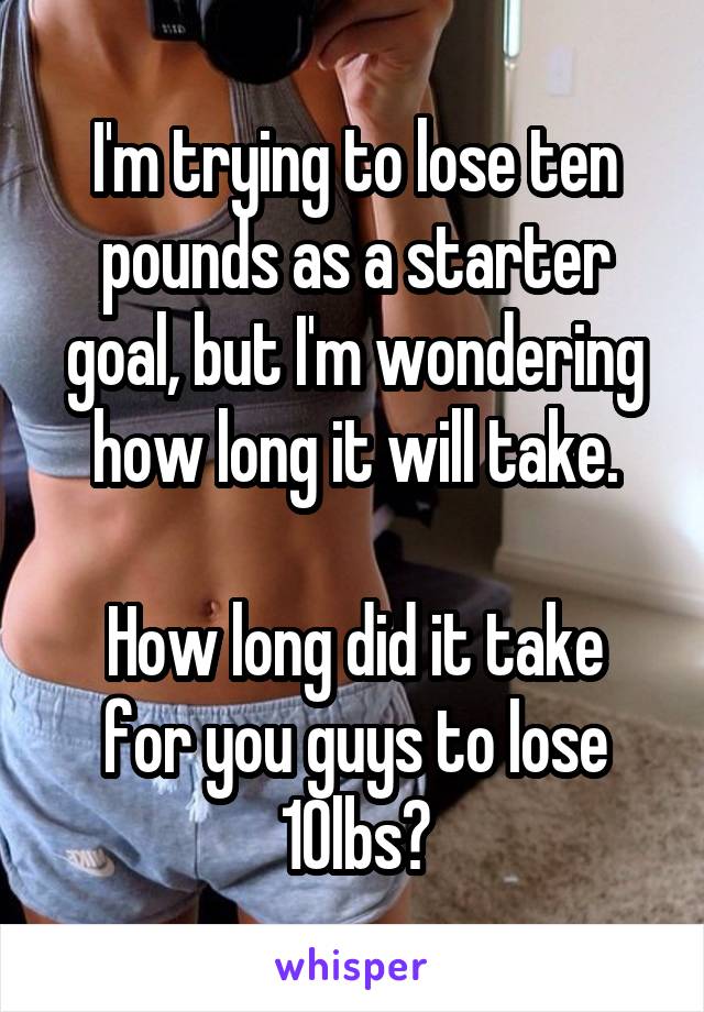 I'm trying to lose ten pounds as a starter goal, but I'm wondering how long it will take.

How long did it take for you guys to lose 10lbs?