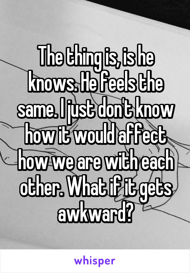 The thing is, is he knows. He feels the same. I just don't know how it would affect how we are with each other. What if it gets awkward?