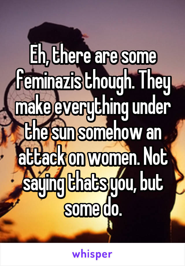 Eh, there are some feminazis though. They make everything under the sun somehow an attack on women. Not saying thats you, but some do.
