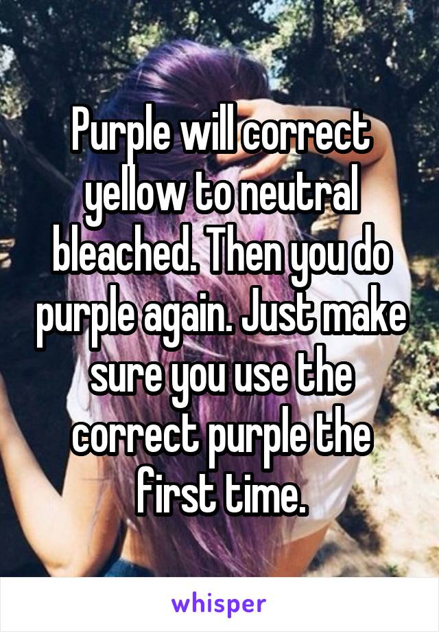 Purple will correct yellow to neutral bleached. Then you do purple again. Just make sure you use the correct purple the first time.