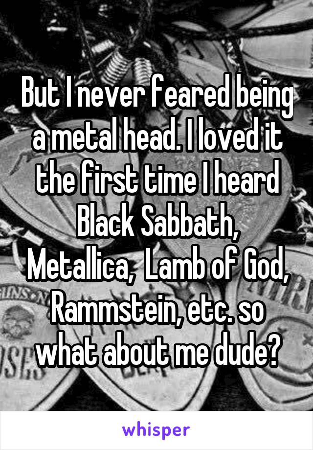 But I never feared being a metal head. I loved it the first time I heard Black Sabbath, Metallica,  Lamb of God, Rammstein, etc. so what about me dude?