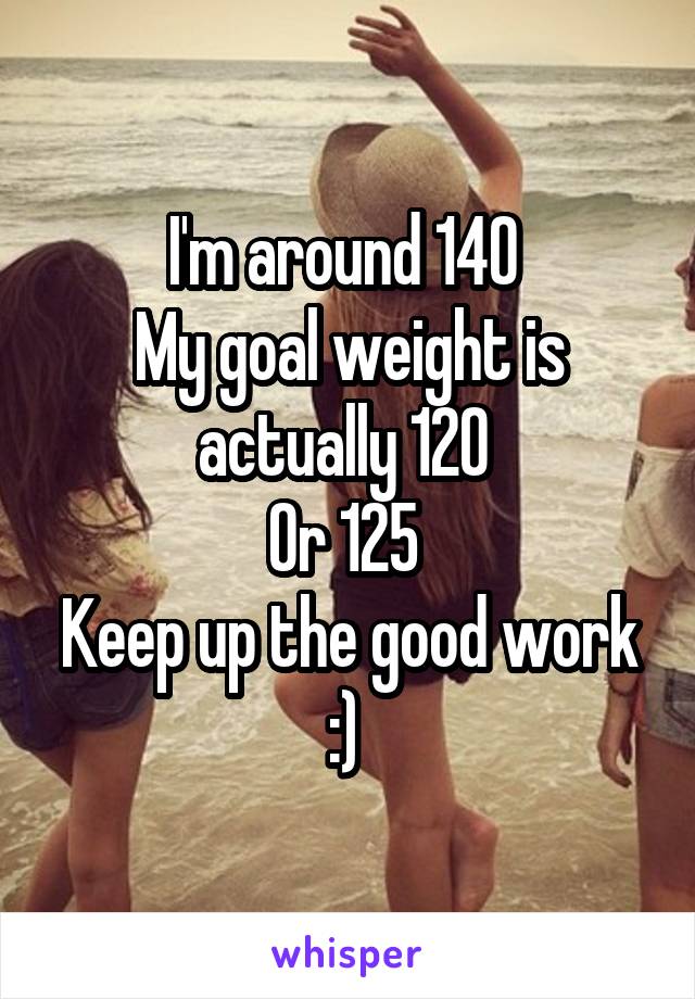 I'm around 140 
My goal weight is actually 120 
Or 125 
Keep up the good work :) 