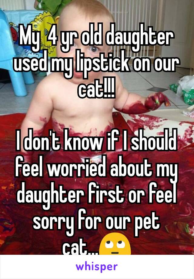 My  4 yr old daughter used my lipstick on our cat!!!

I don't know if I should feel worried about my daughter first or feel sorry for our pet cat...🙄
