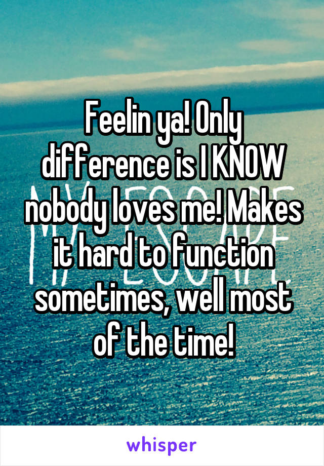 Feelin ya! Only difference is I KNOW nobody loves me! Makes it hard to function sometimes, well most of the time!